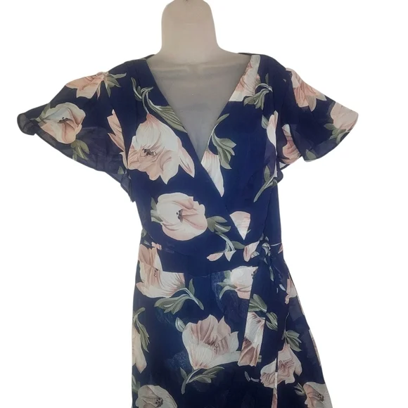 Always Indigo Faux Wrap Flowy Floral Maxi Dress 2X NWT 24 PTP Navy Pink Floral - Picture 3 of 12